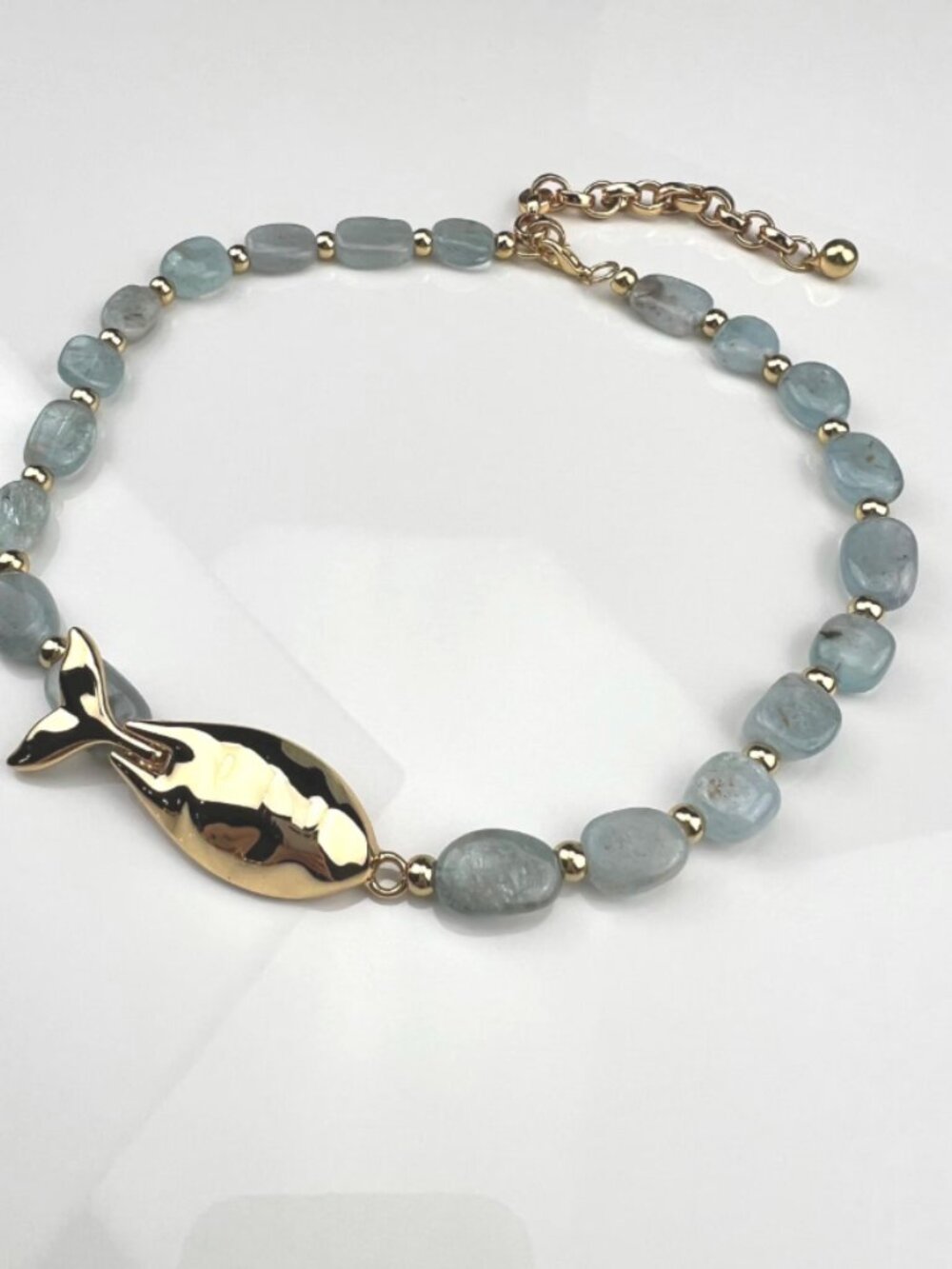 Aquamarine Beaded Choker Necklace with Gold Fish Pendant – Coastal Beach Jewelry